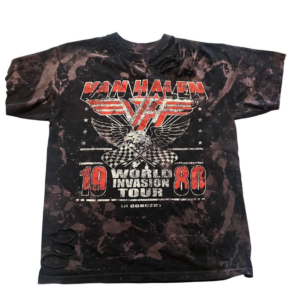 Van Halen Shirt Mens M Black Bleach Distressed 1980 World Invasion Tour Rock Tee